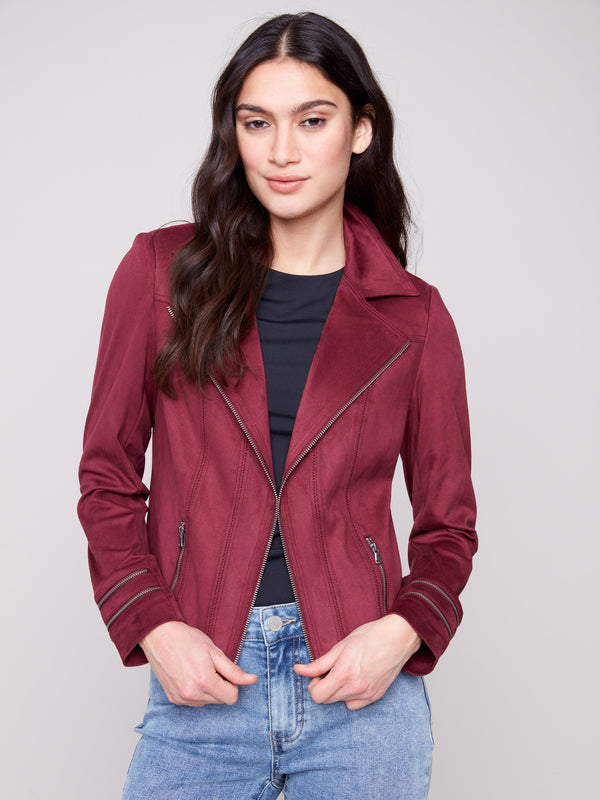 Chic faux suede jacket in cabernet with a stylish lapel notch collar for added flair by Charlie B.