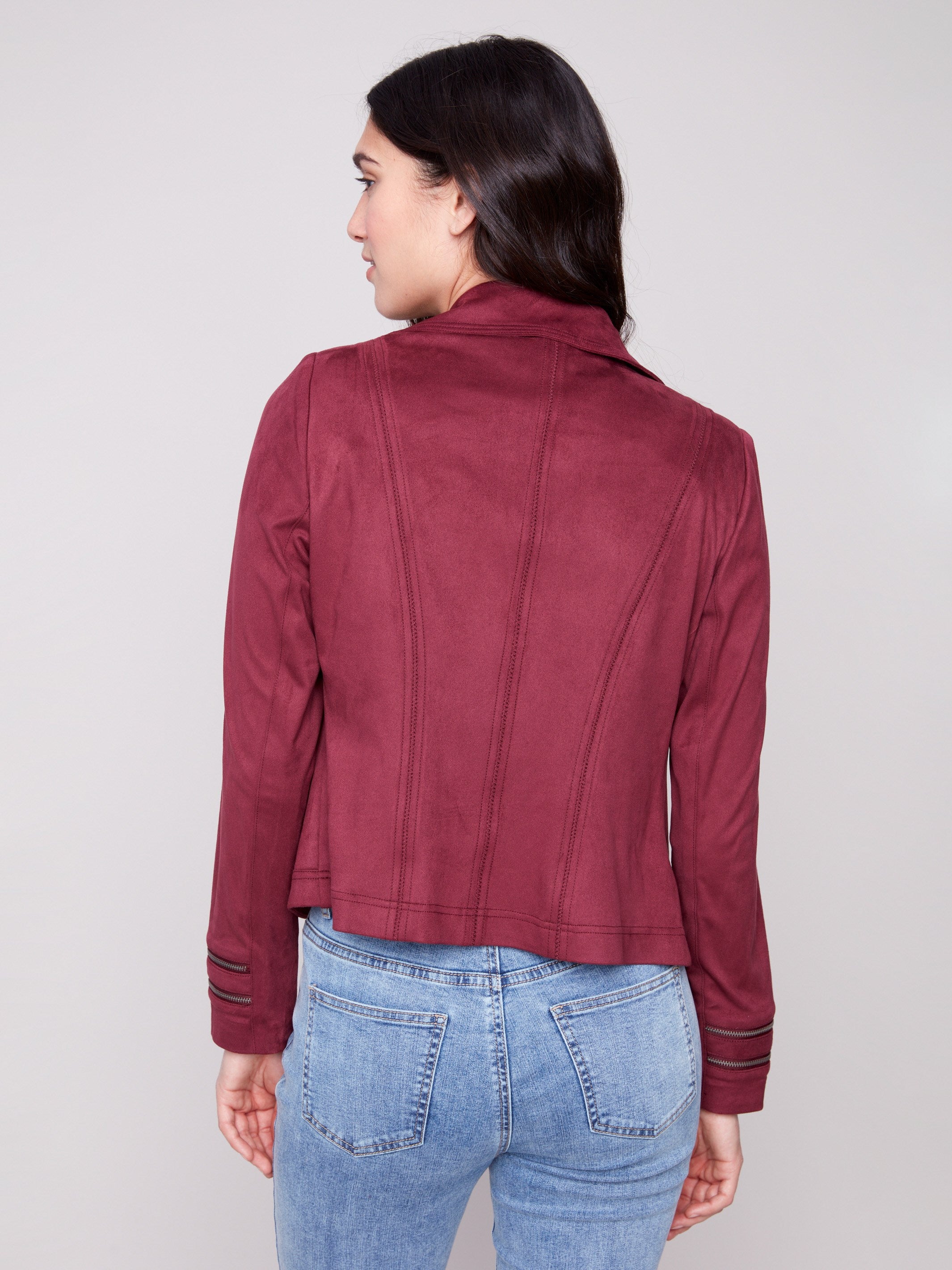Cabernet faux suede jacket offering modern style with its trendy short length design by Charlie B.