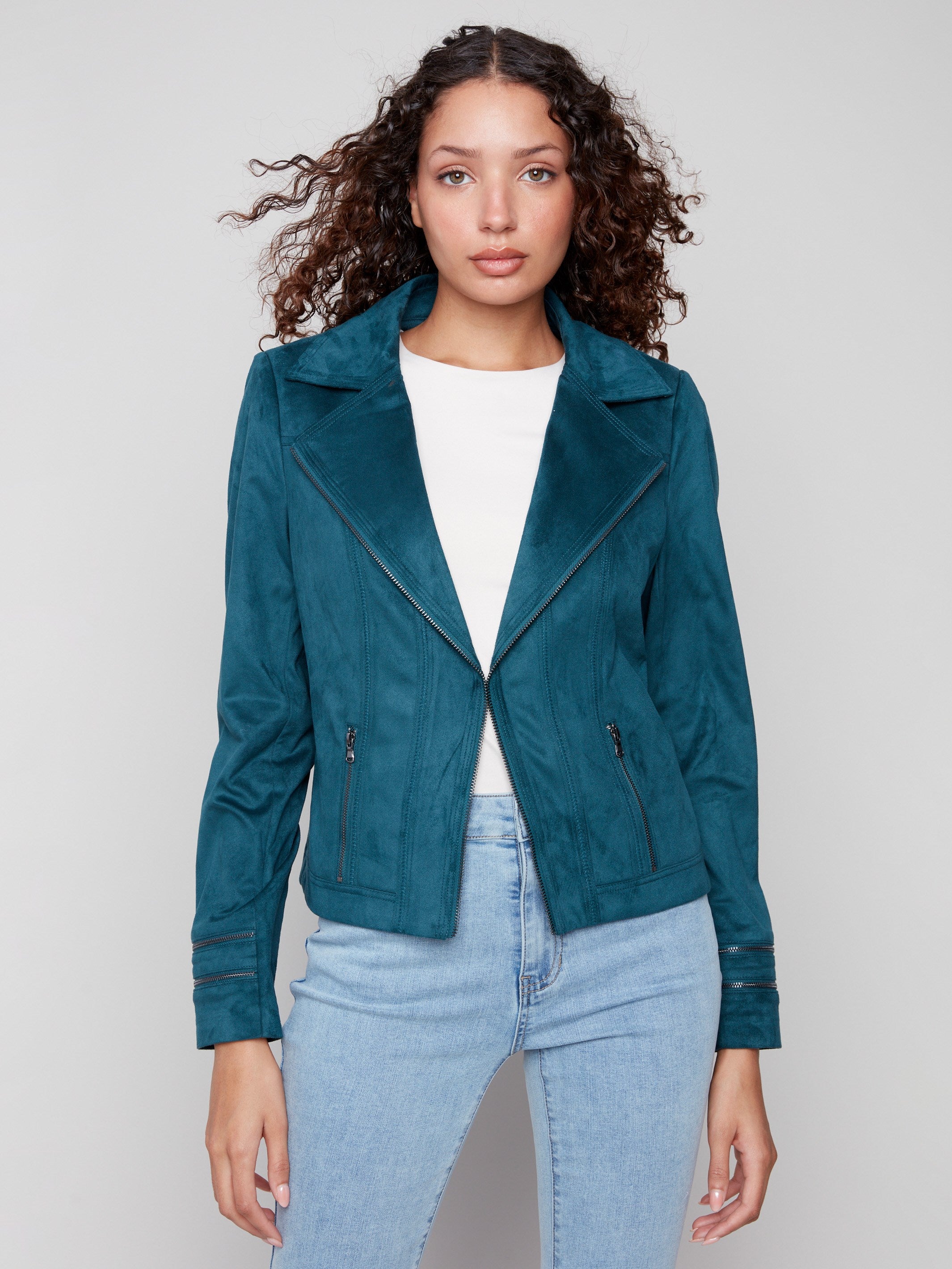 Evergreen faux suede jacket featuring a stylish hook-and-eye closure for a sleek look by Charlie B.