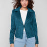 Evergreen faux suede jacket featuring a stylish hook-and-eye closure for a sleek look by Charlie B.