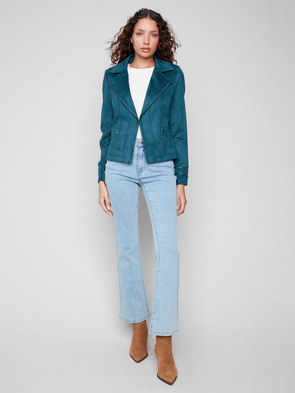 Chic evergreen jacket with zipper details on faux pockets, adding a modern touch by Charlie B.