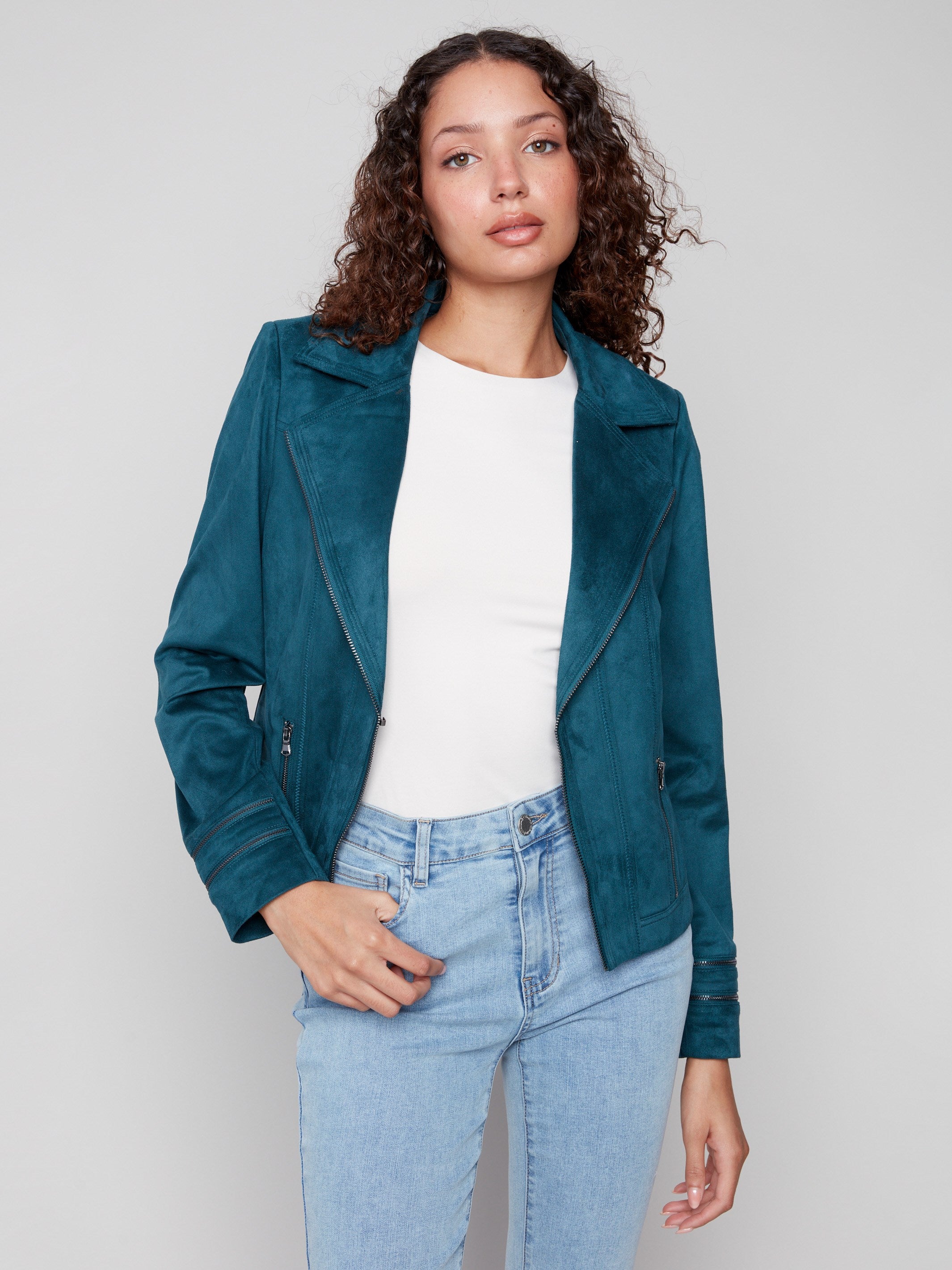 Stylish short-length faux suede jacket perfect for layering over casual outfits by Charlie B.
