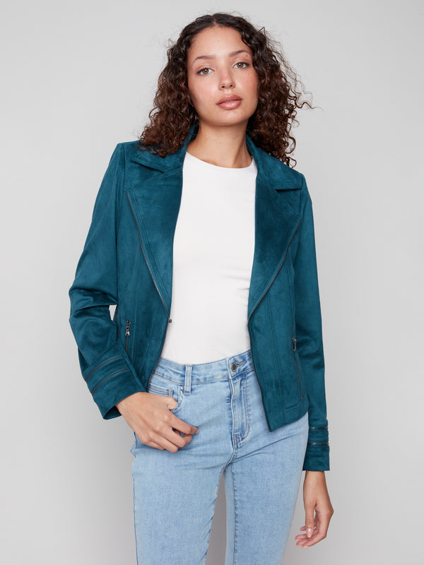 Stylish short-length faux suede jacket perfect for layering over casual outfits by Charlie B.