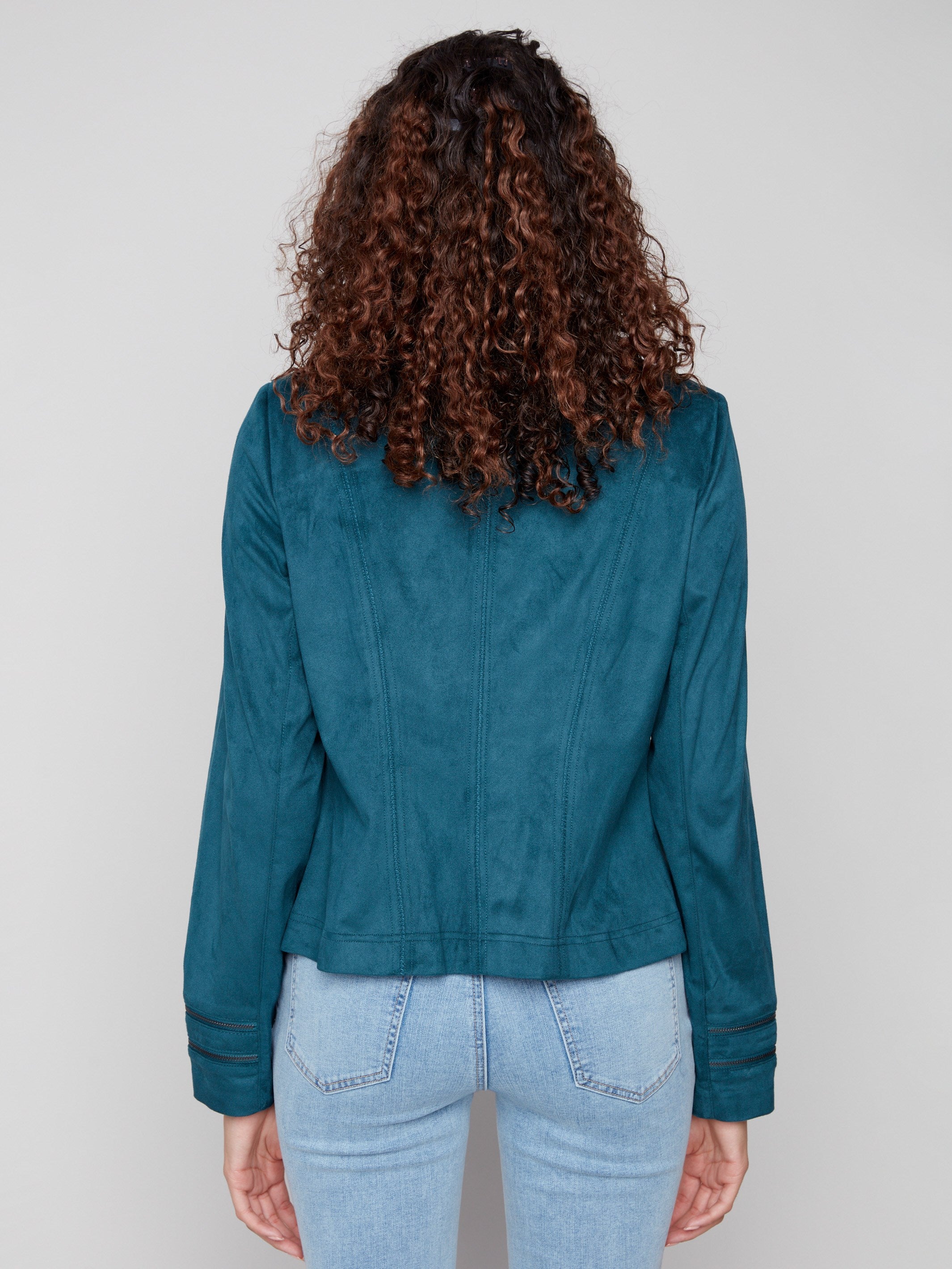 Women's evergreen jacket showcasing elegant lapel notch collar design for added sophistication by Charlie B.