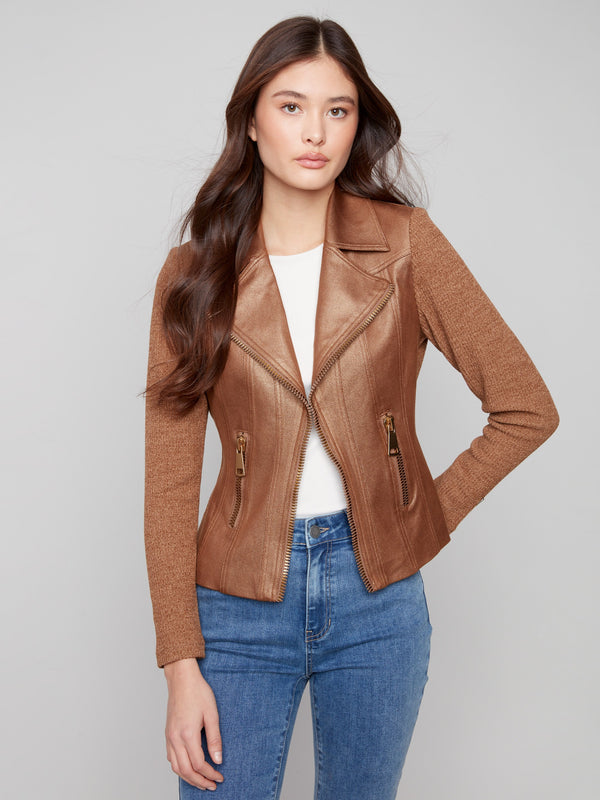 Copper metallic faux leather jacket with lapel notch collar and stylish design by Charlie B.