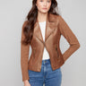 Copper metallic faux leather jacket with lapel notch collar and stylish design by Charlie B.
