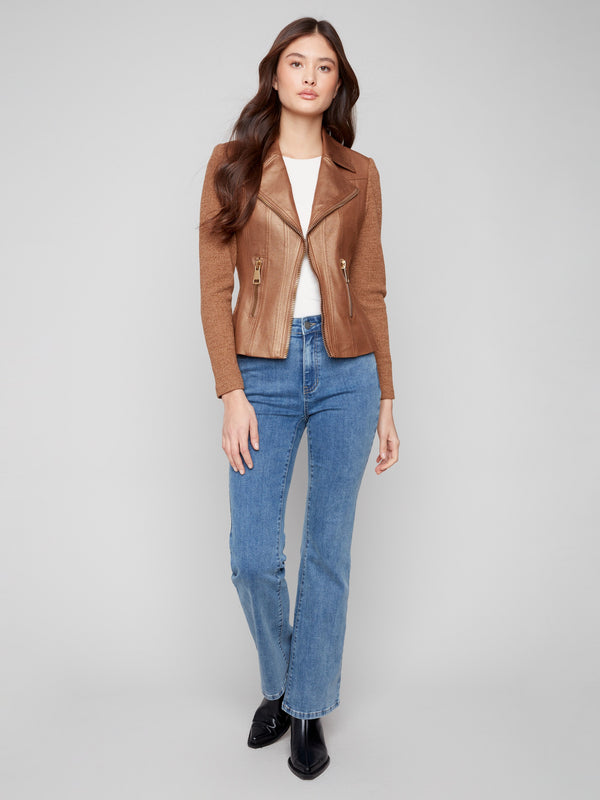 Chic copper jacket featuring hook-and-eye closure for a sleek look by Charlie B.