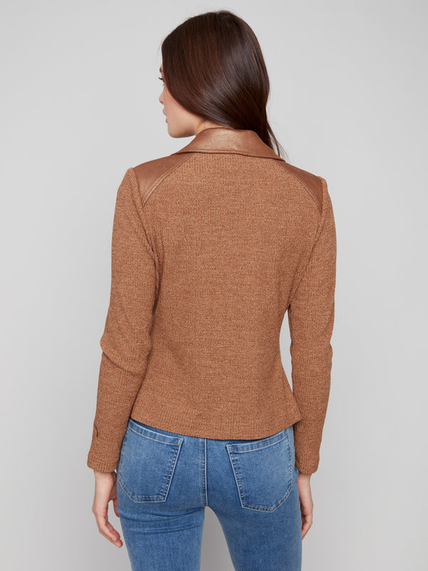 Foiled faux leather texture adds a unique touch to this fashionable copper jacket by Charlie B.