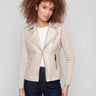 Brass faux leather jacket with a lapel notch collar and sleek zipper accents, perfect for a chic look by Charlie B.