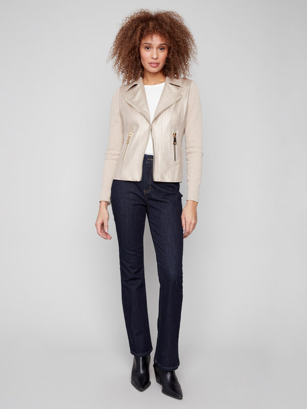 Zippered faux pockets add an edgy touch to this brass metallic jacket, enhancing its modern appeal by Charlie B.