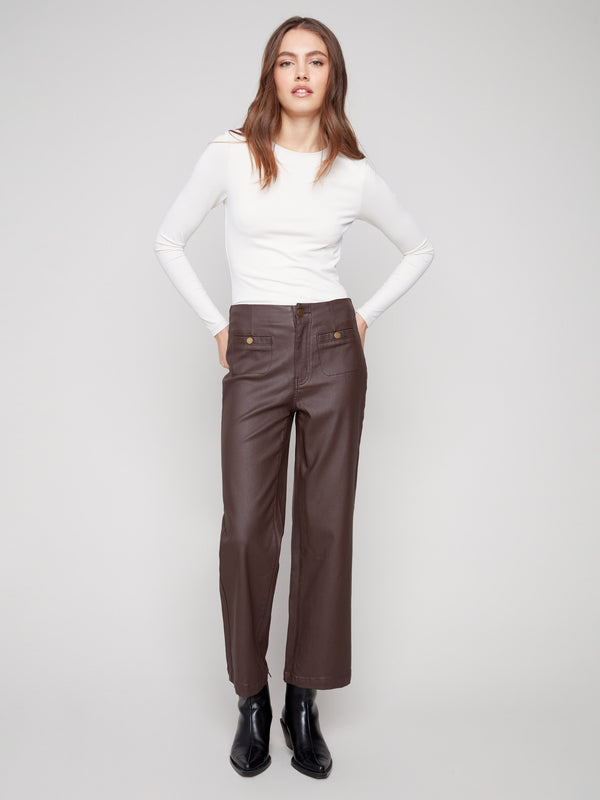 Mocha wax pants featuring a chic flare fit, perfect for elevating any outfit with style and comfort by Charlie B.