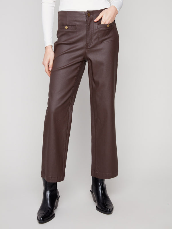 Stylish cropped length mocha pants in stretch wax twill fabric, offering a modern look and feel by Charlie B.