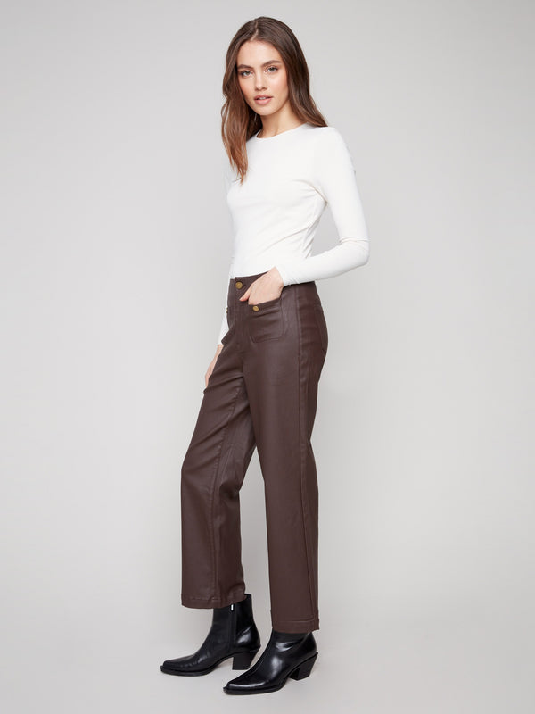Elegant mocha pants designed with convenient front welt pockets for added functionality by Charlie B.