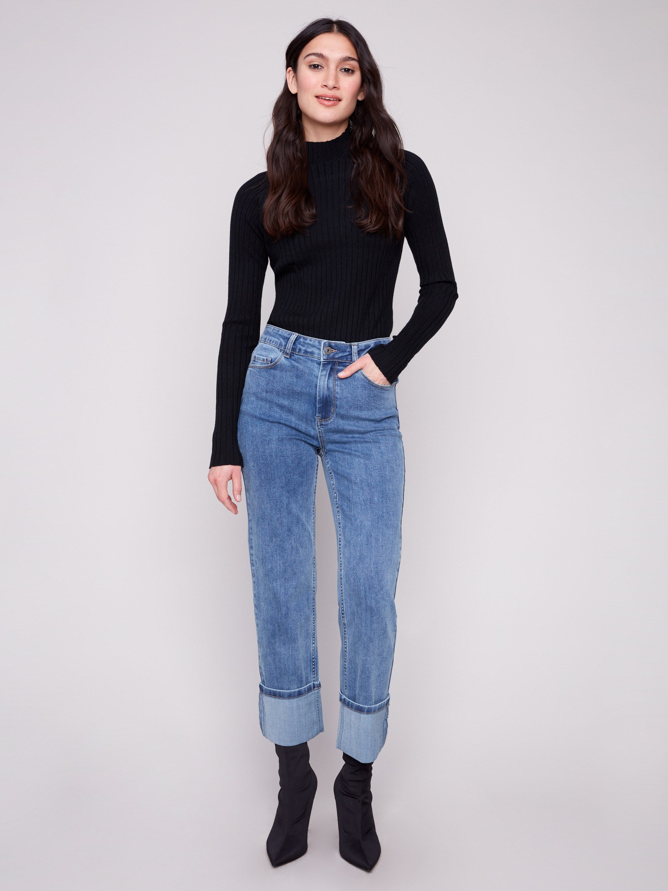 Medium blue jeans with a straight fit and regular rise, designed for everyday comfort and style by Charlie B.