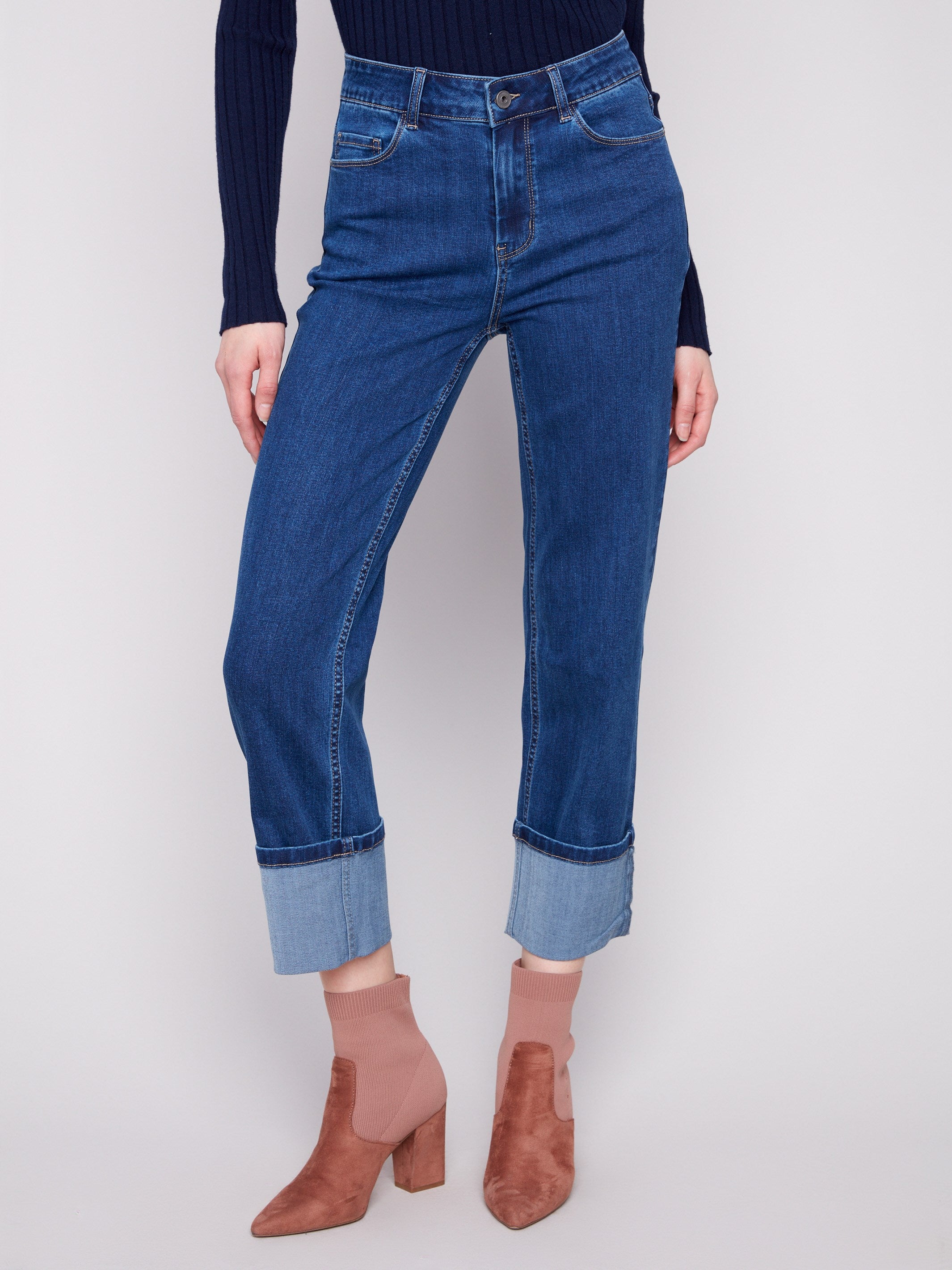 Cropped indigo jeans featuring wide cuffs and a stylish five-pocket design by Charlie B.