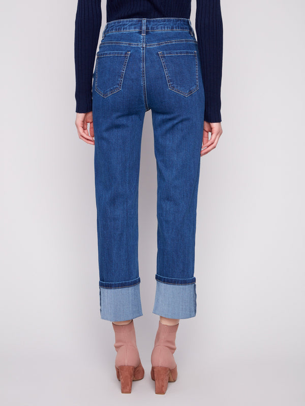 Stylish cropped length indigo jeans designed with comfort in mind, featuring wide cuffs by Charlie B.