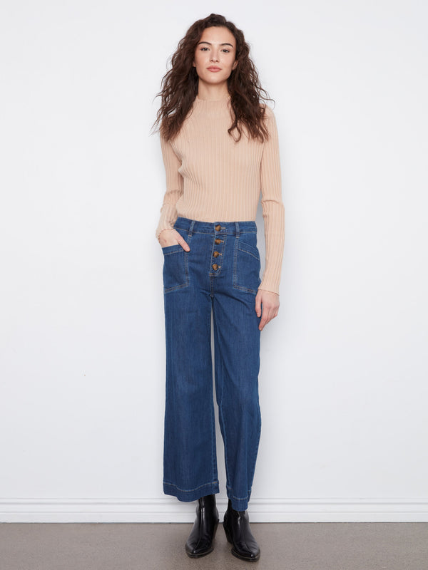 Wide Leg Button Front Jeans With Patch Pockets - Indigo