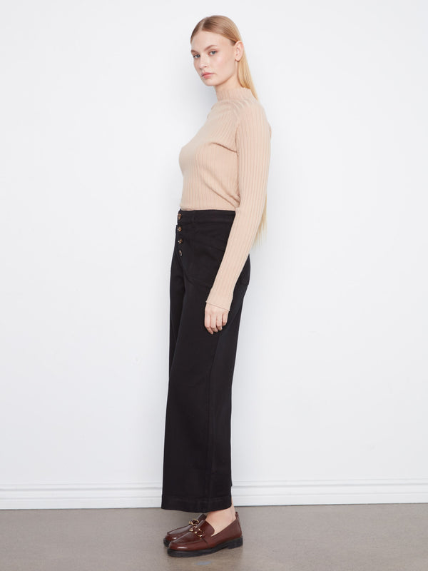 Wide Leg Button Front Smooth Twill Pants With Patch Pockets - Black