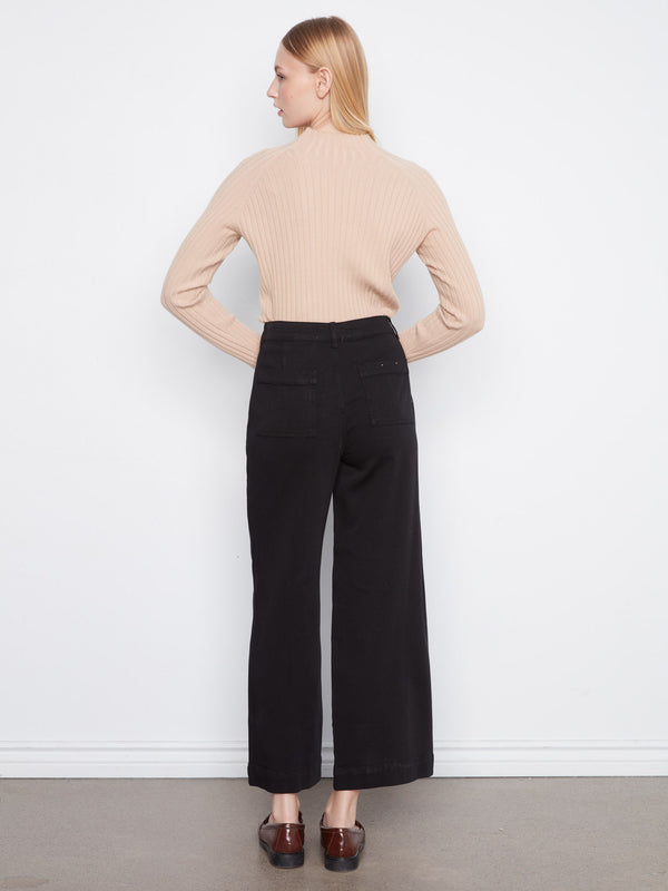 Wide Leg Button Front Smooth Twill Pants With Patch Pockets - Black