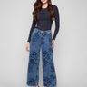 Blue jeans with a wide-leg cut, featuring a unique floral jacquard pattern and regular rise, offering elegance by Charlie B.