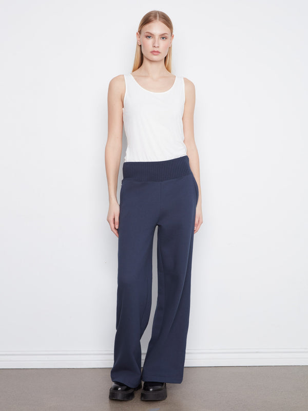 Wide Leg French Terry Pull-On Pants - Midnight