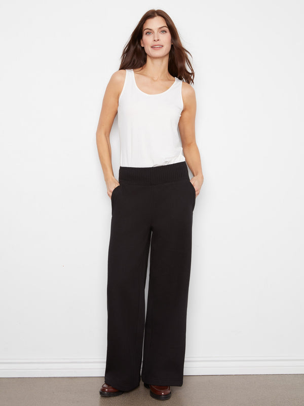 Wide Leg French Terry Pull-On Pants - Black