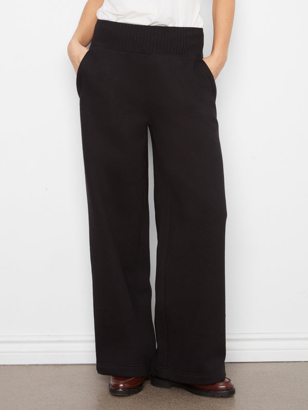 Wide Leg French Terry Pull-On Pants - Black