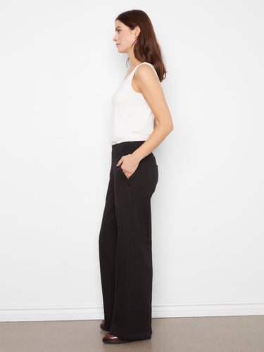 Chic midnight wide-leg French terry pants offering a regular rise and cozy full length silhouette by Charlie B.