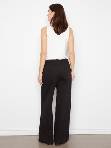 Stylish taupe wide-leg French terry pants featuring convenient back patch pockets in a comfortable cotton blend by Charlie B.