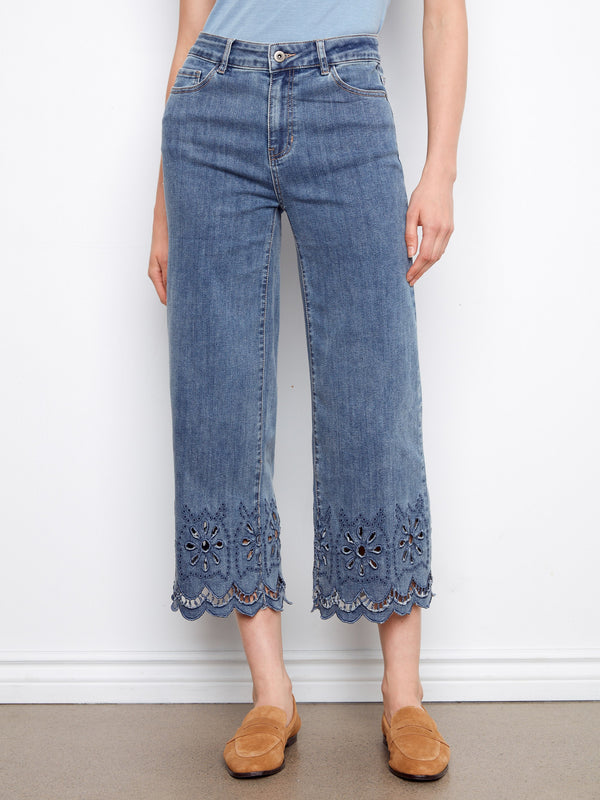 Embrace the cropped length of these denim pants featuring a unique scalloped eyelet hem, perfect for versatile styling by Charlie B.