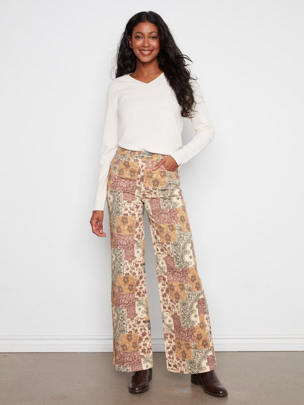 Wide Leg Printed Twill Pants - Quilt