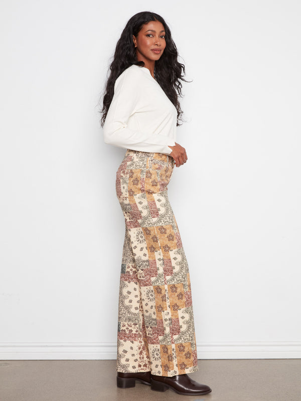 Wide Leg Printed Twill Pants - Quilt