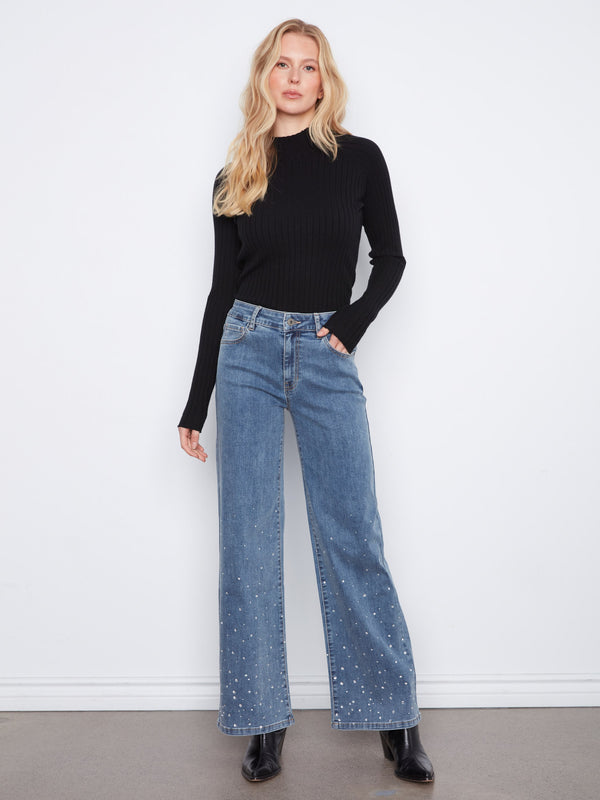 Wide Leg Stretch Jeans With Rhinestones - Medium Blue