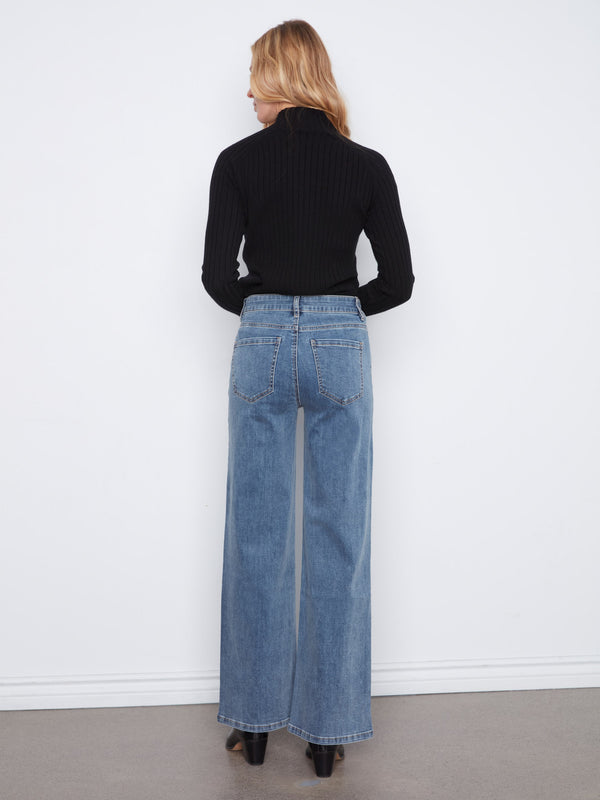 Wide Leg Stretch Jeans With Rhinestones - Medium Blue