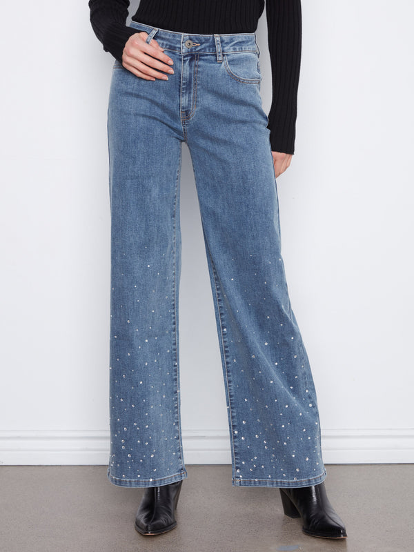 Wide Leg Stretch Jeans With Rhinestones - Medium Blue