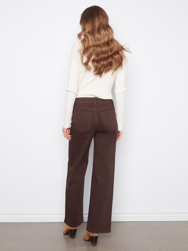 Wide Leg Twill Pants With Floral Embroidery - Coffee