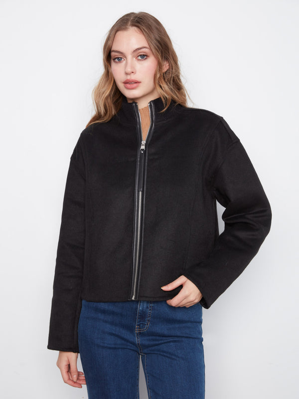 Wool Blend Bomber Jacket - Black