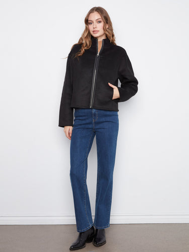 The ribbed mock neck adds a touch of elegance to this warm wool blend jacket. By Charlie B.
