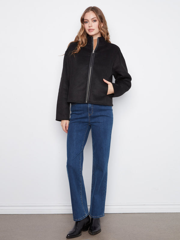 Wool Blend Bomber Jacket - Black