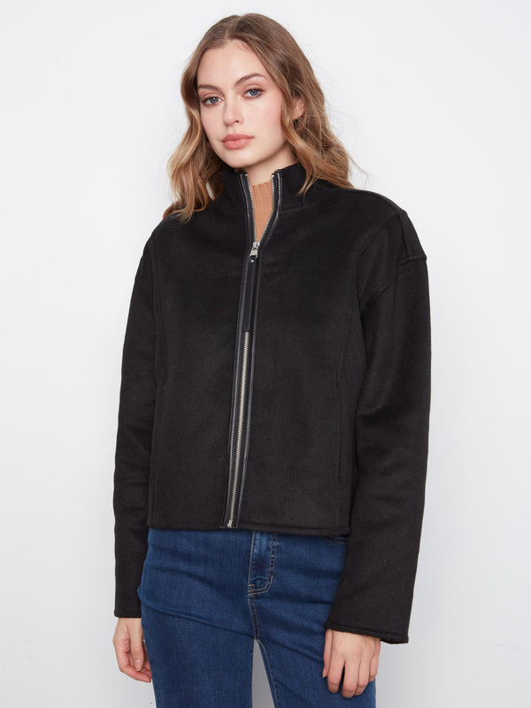 Wool Blend Bomber Jacket - Black