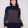 Navy blue striped sweater featuring a cozy mock neck, perfect for chilly days. Crafted with care by Charlie B.