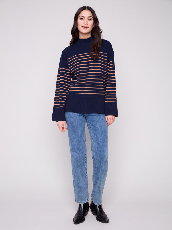 Elegant navy sweater with distinctive drop shoulders and stylish stripes, offering a relaxed fit by Charlie B.