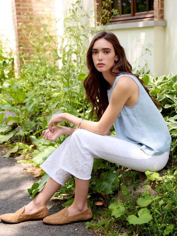 Flare Twill Pants With Zigzag Embroidery - White