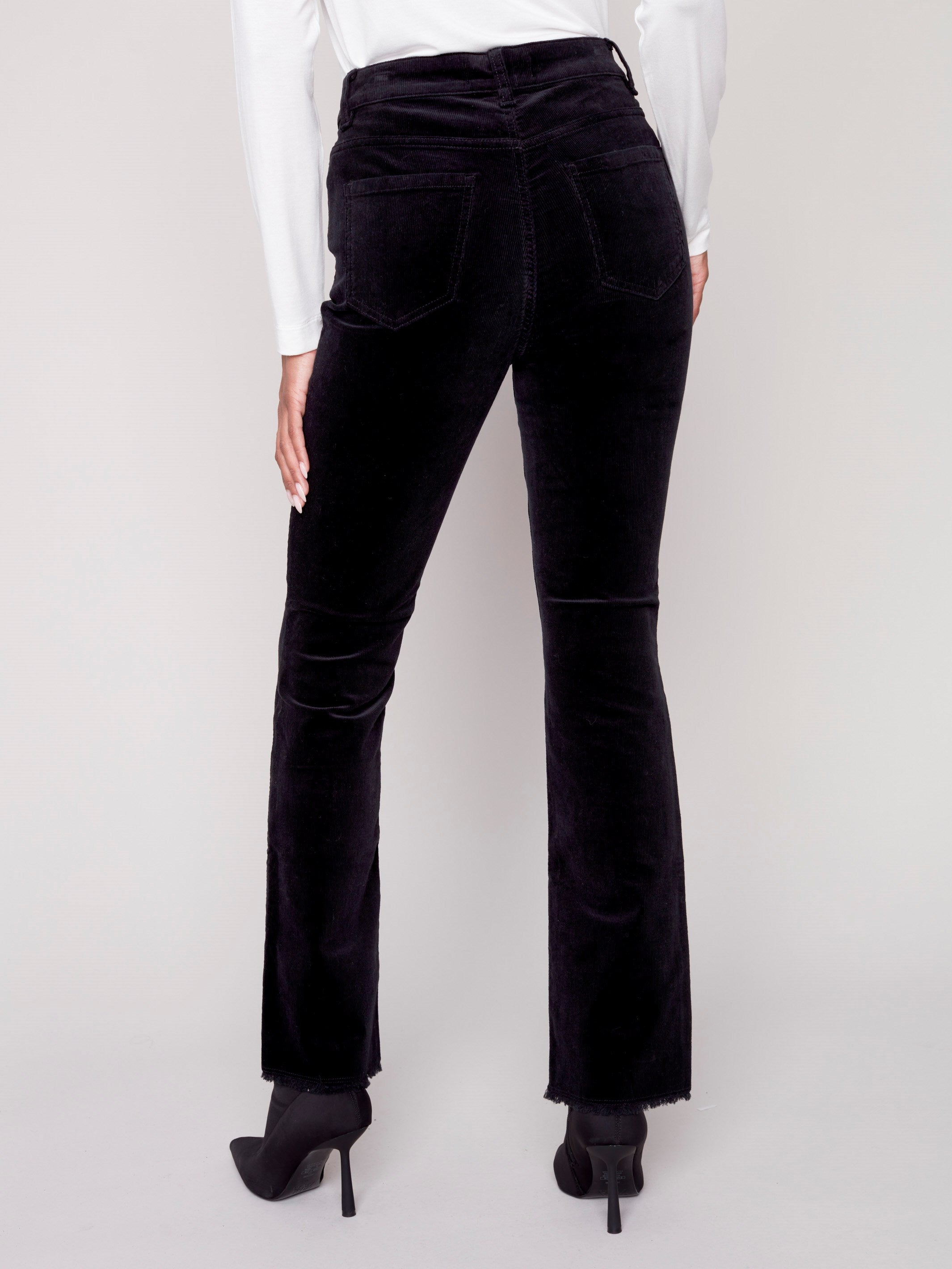Bootcut Corduroy Pants with Asymmetrical Fringed Hem - Black