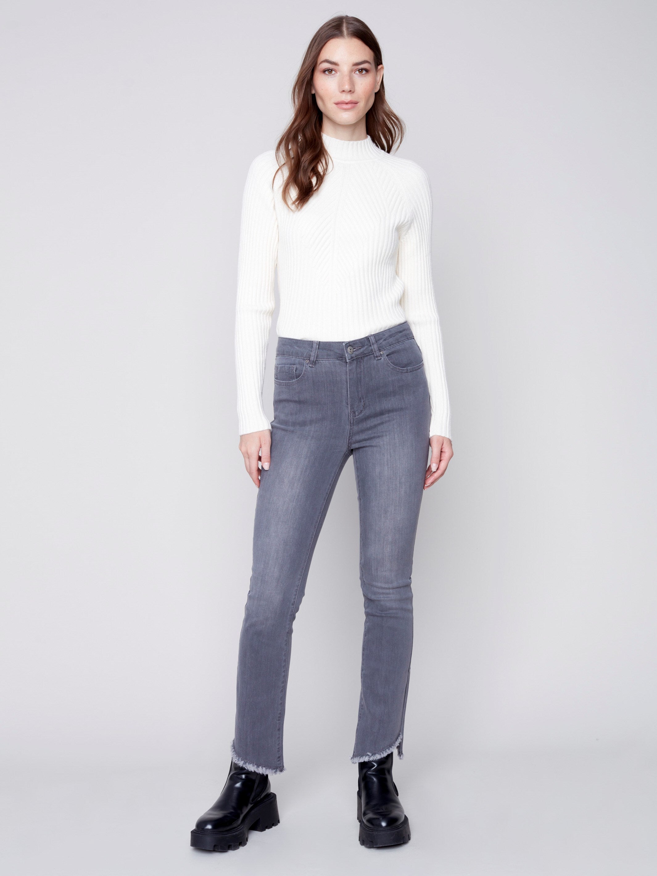 Bootcut Jeans with Asymmetrical Fringed Hem - Medium Gray