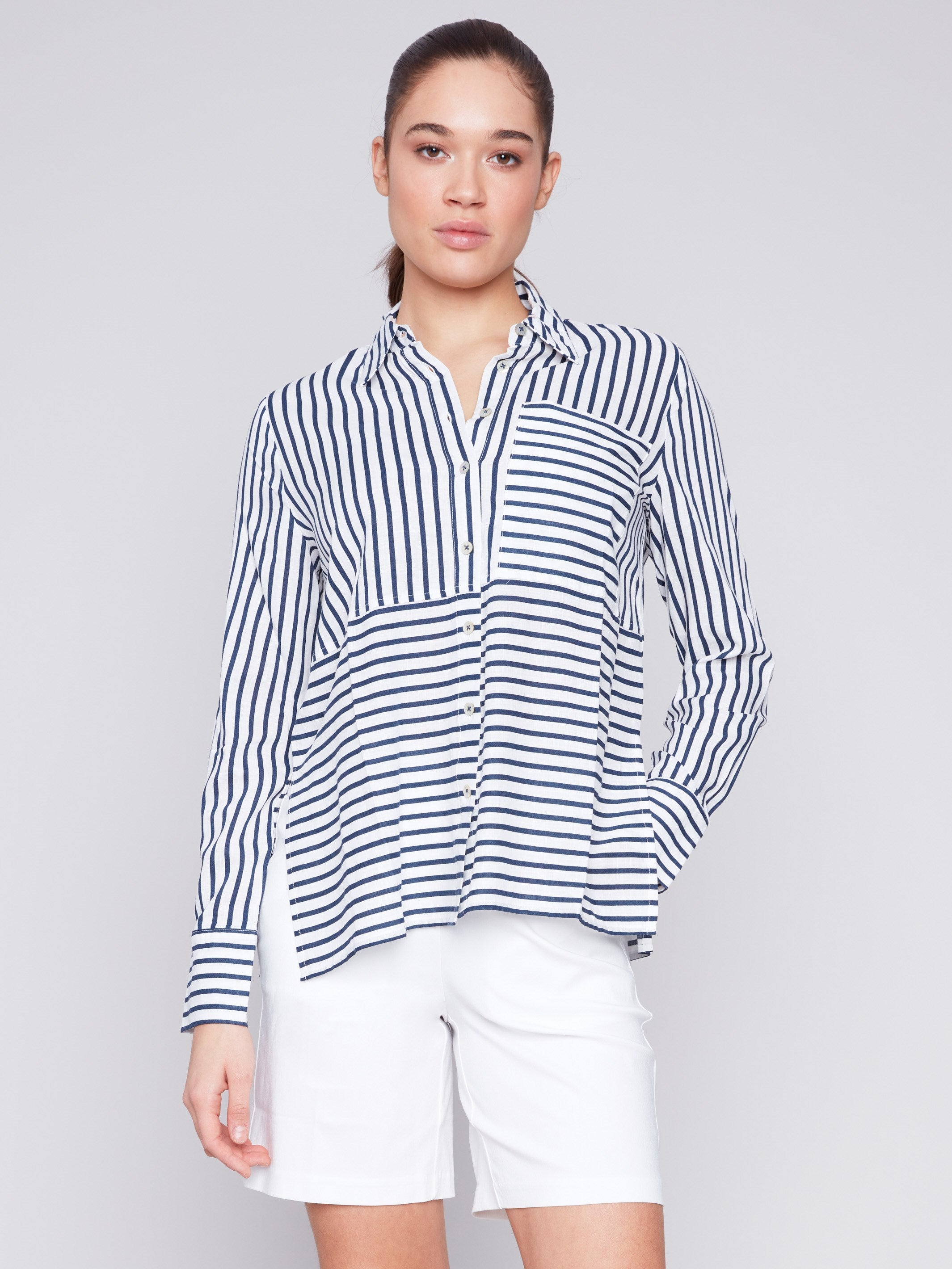 Charlie B Button-Down Rayon Linen Blend Shirt - Navy - Image 1