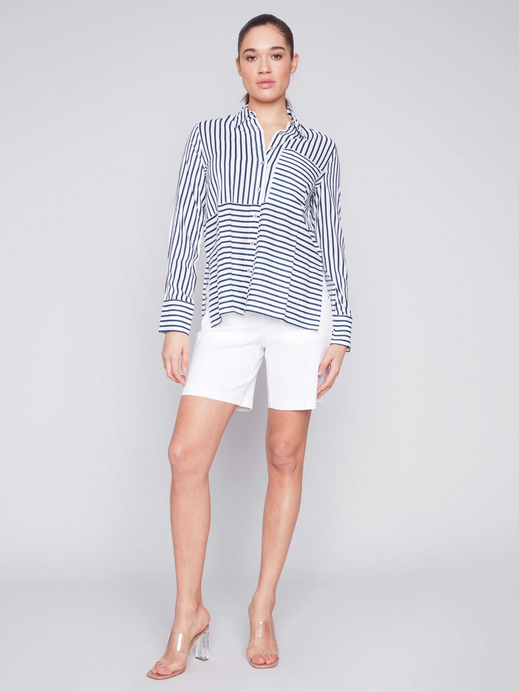 Charlie B Button-Down Rayon Linen Blend Shirt - Navy - Image 3