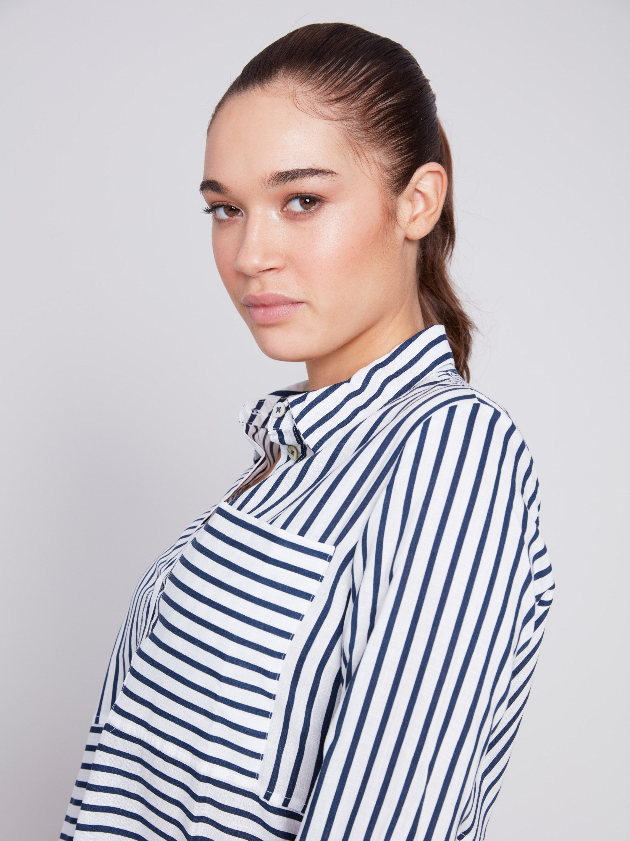 Charlie B Button-Down Rayon Linen Blend Shirt - Navy - Image 4