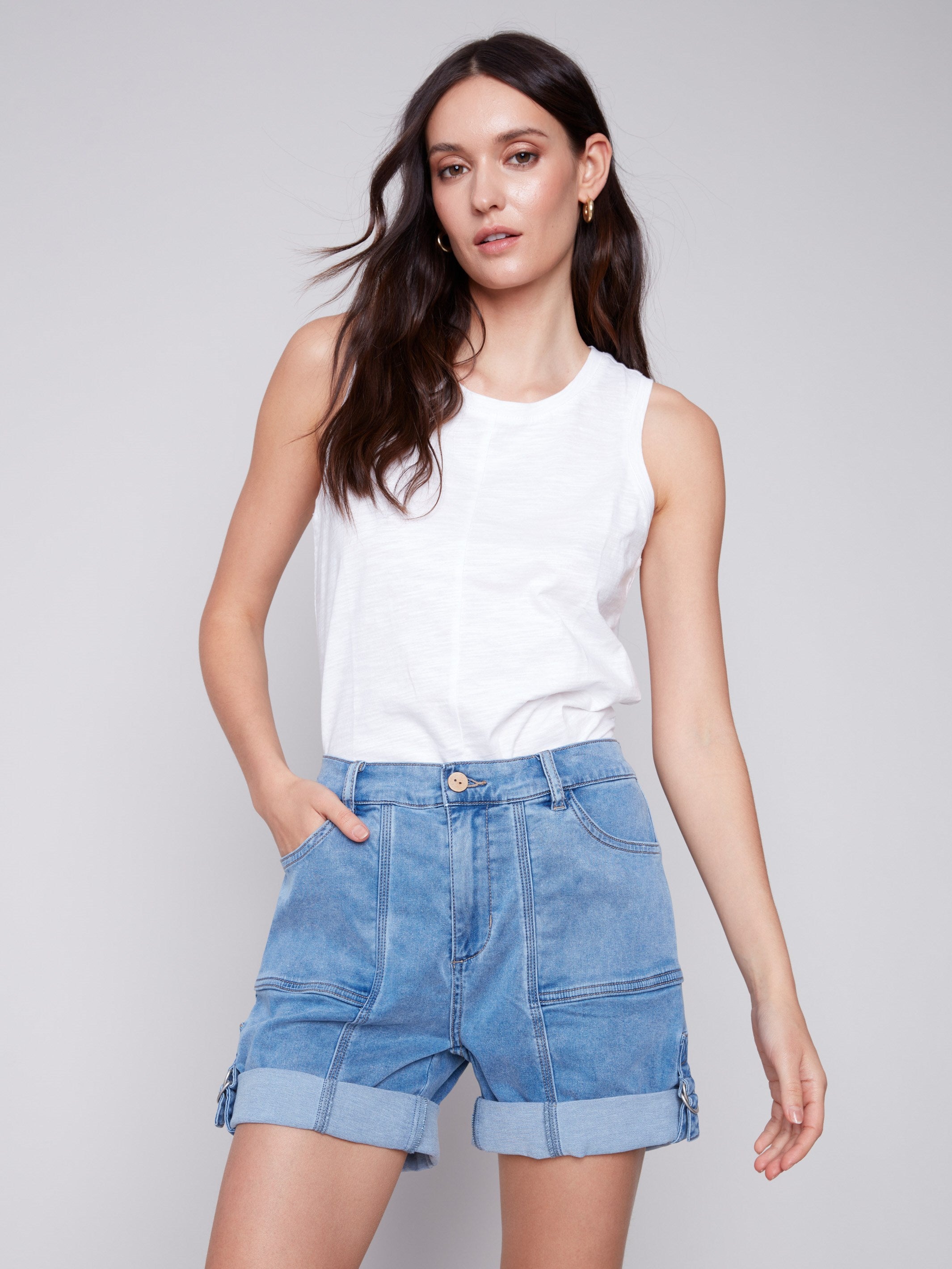 Charlie B Embroidered Light Blue Mid Thigh Shorts