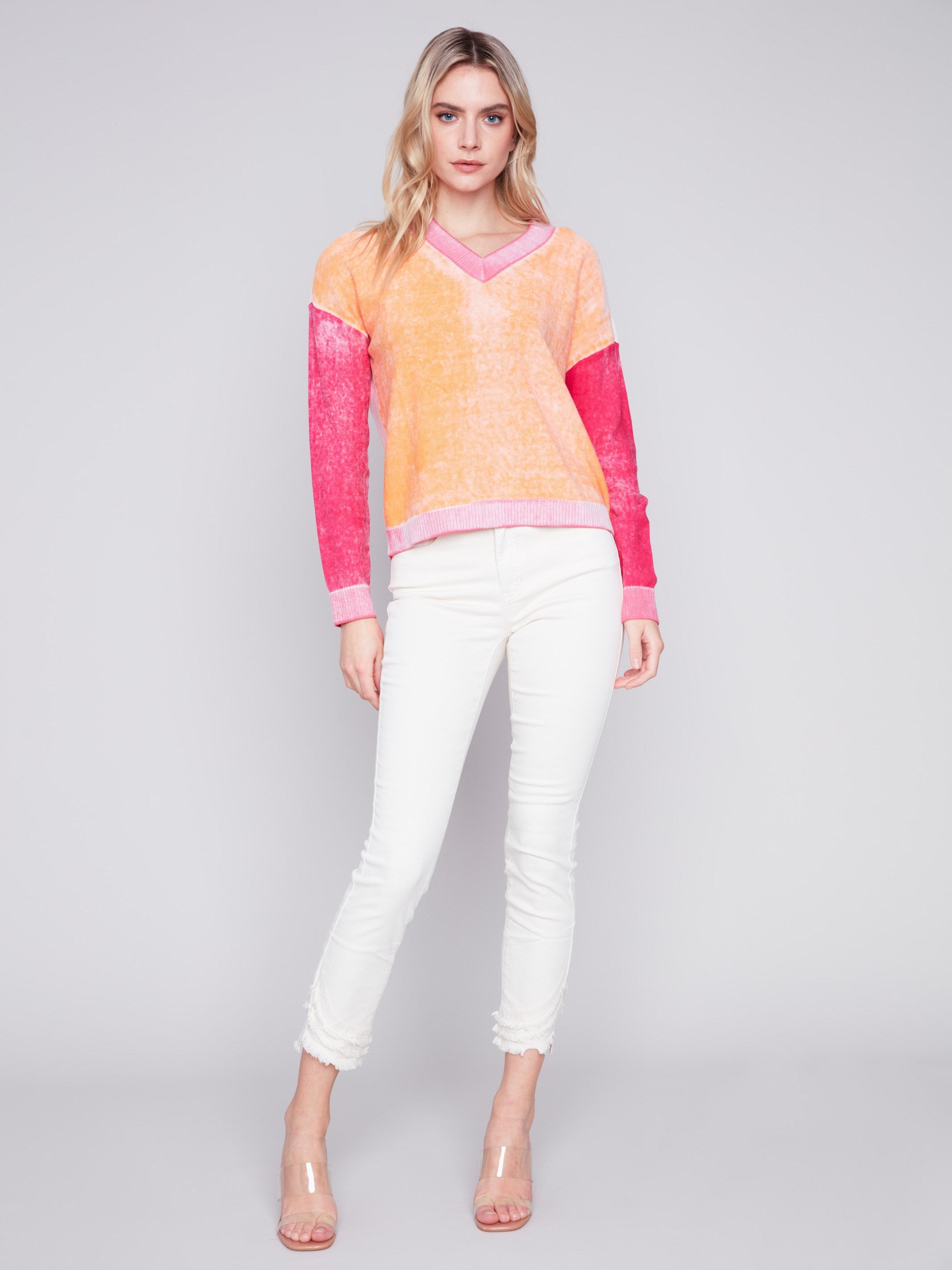 Charlie B Color Block Cotton Sweater - Tangerine - Image 3